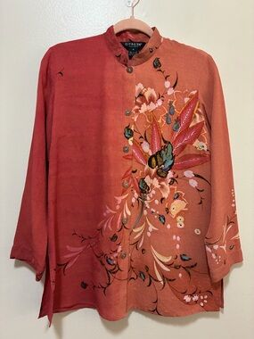 Citron Santa Monica Rust Floral Print Silk Button-Up Blouse size medium